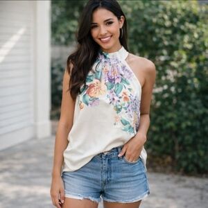 Express Satin Ivory Floral Fairycore Whimsigoth Halter Top Sz XL